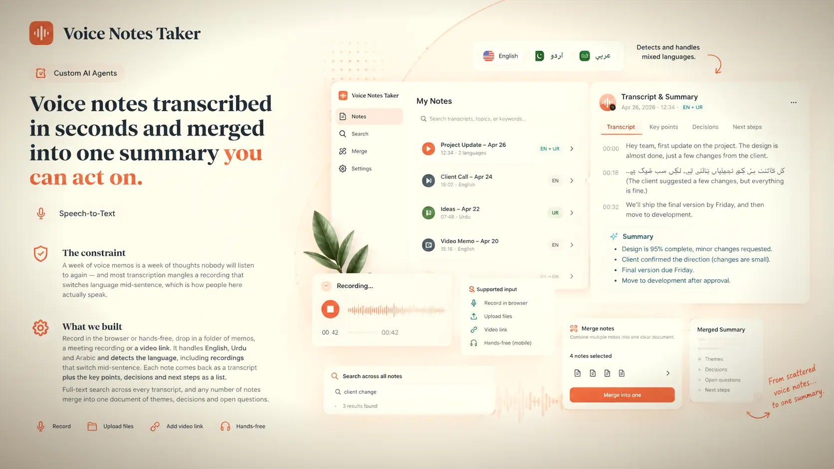 Voice Notes Taker in seconds and merged in one summary you can act on
