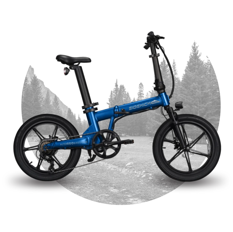 A blue Sidekick E-Bike parked in front of black and white circlular logo of a forest.