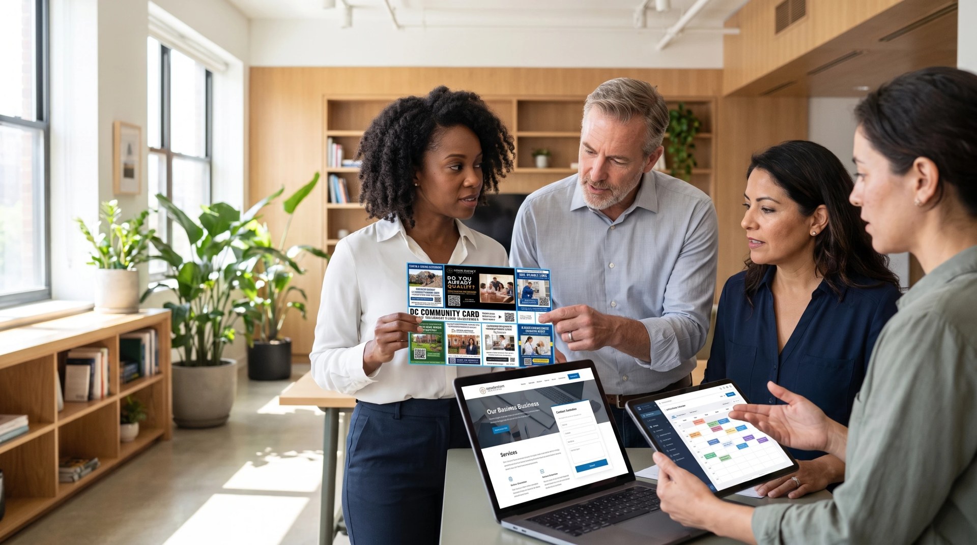 Local business owners working together on direct mail, a website, and business systems