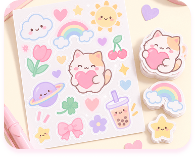 Plancha de stickers kawaii con gatitos, soles y corazones