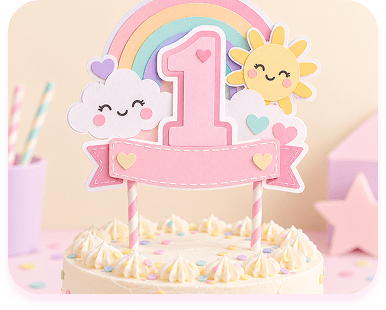 Topper de torta con arcoíris y sol en tonos pastel