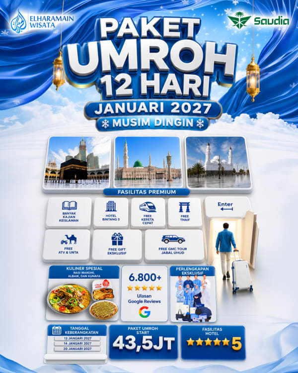 Brosur umroh 12 hari Januari 2027 Elharamain Wisata