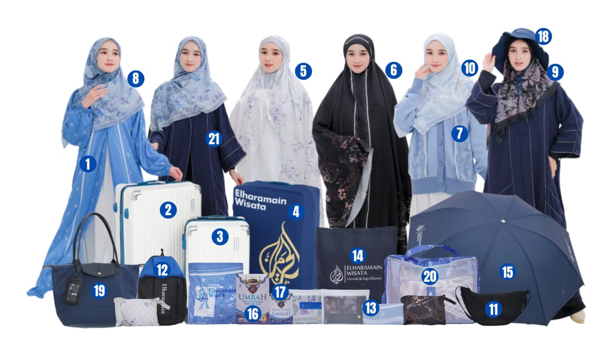 Perlengkapan umroh eksklusif Elharamain Wisata untuk jamaah wanita