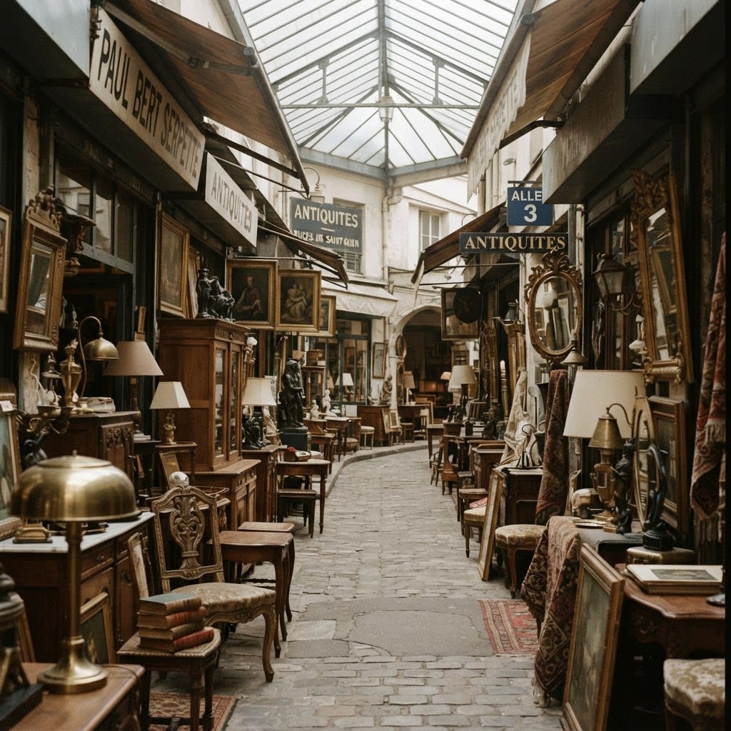 Allée du Marché Paul Bert Serpette à Saint-Ouen, stands de mobilier vintage du XXe siècle, un samedi matin