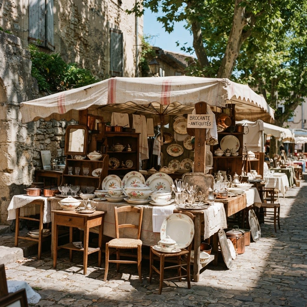 Assiette en faïence de Moustiers posée sur un étal de brocante à Villeneuve-lès-Avignon, émail blanc cassé et décor bleu cobalt
