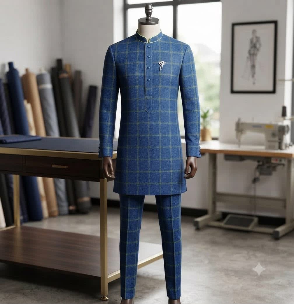 Ensemble traditionnel homme bleu à carreaux - Kurta et pantalon