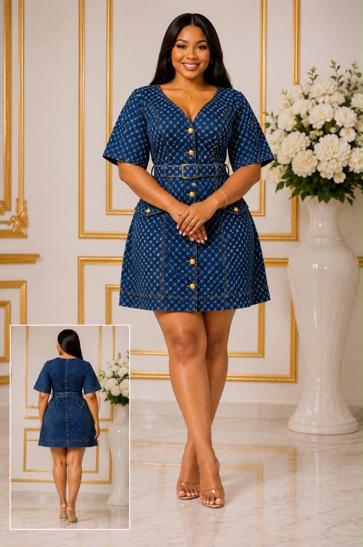 Robe chemise bleu marine motif géométrique avec ceinture