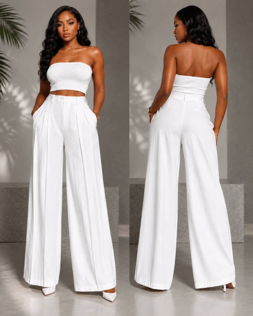 Ensemble deux pièces femme élégant - Top blanc et pantalon vert