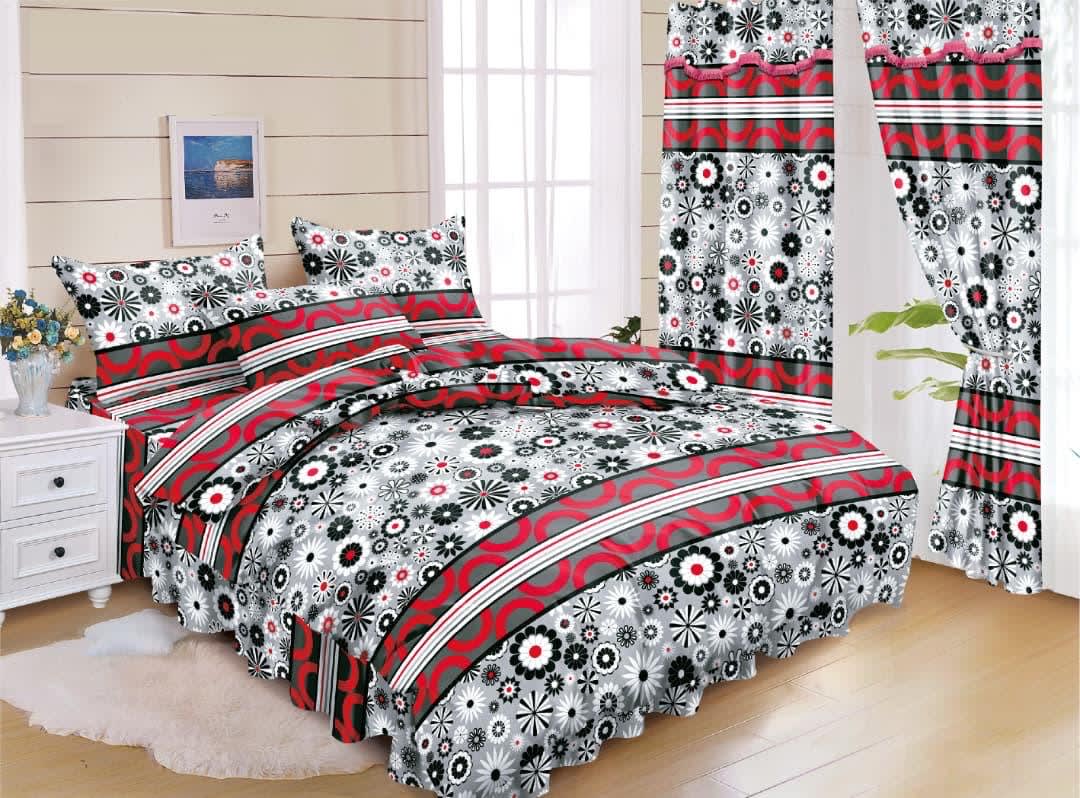 Ensemble de literie bleu motif plumes - Housse de couette + taies + rideau