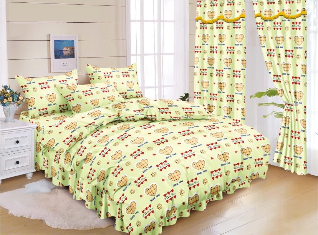 Ensemble de literie bleu motif plumes - Housse de couette + taies + rideau