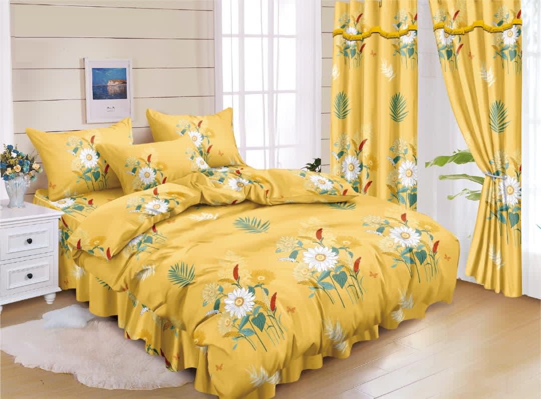 Ensemble de literie bleu motif plumes - Housse de couette + taies + rideau