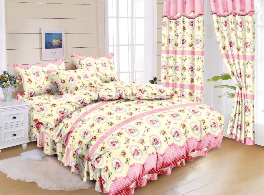 Ensemble de literie bleu motif plumes - Housse de couette + taies + rideau