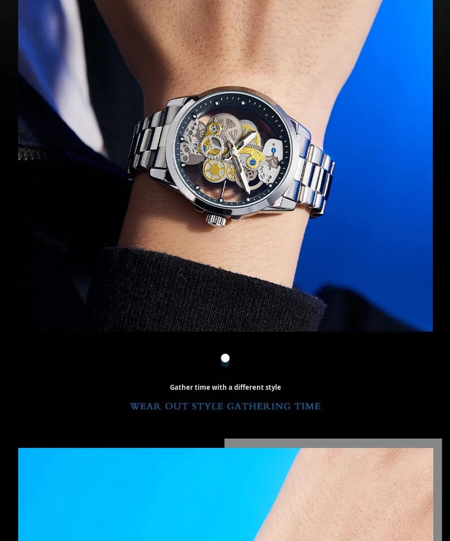Montre automatique squelette cadran noir mécanisme doré