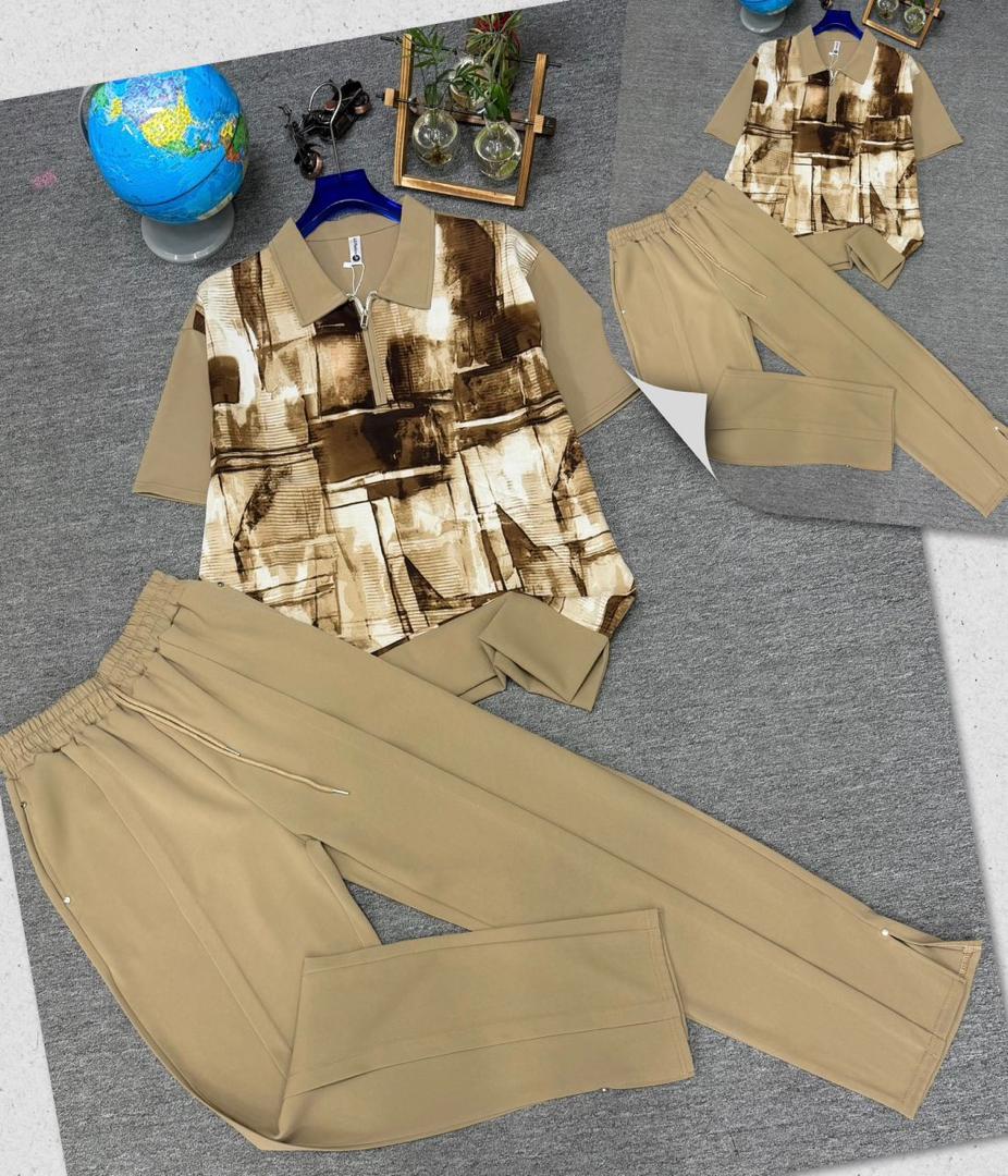 Ensemble 2 pièces homme - Chemise motifs géométriques + Pantalon beige