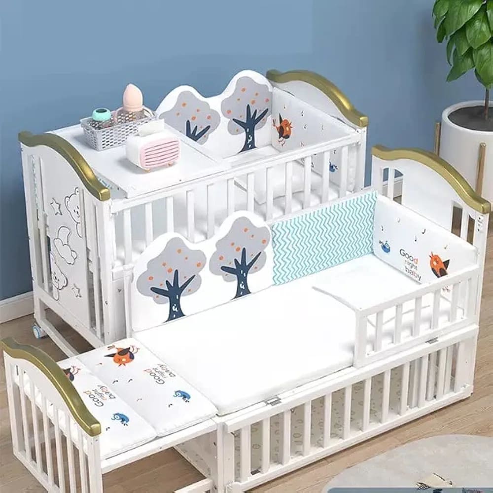 Lit bébé 0 à 12 ans multifonctionnel blanc et doré avec rangements