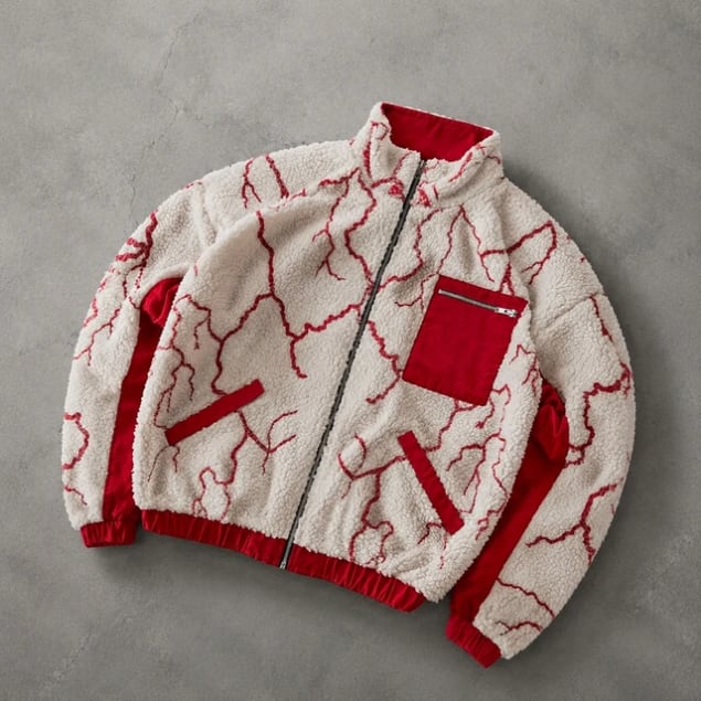 Veste polaire fleece à motif craquelé rouge et crème