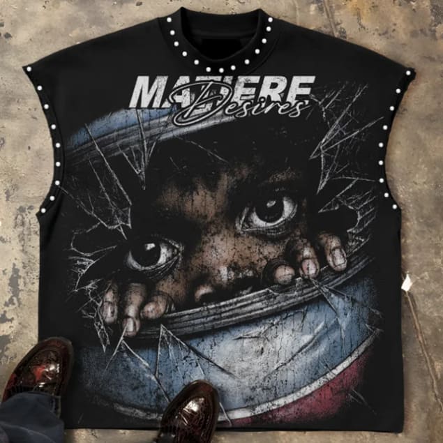 T-shirt sans manches noir Madere avec clous et print chat