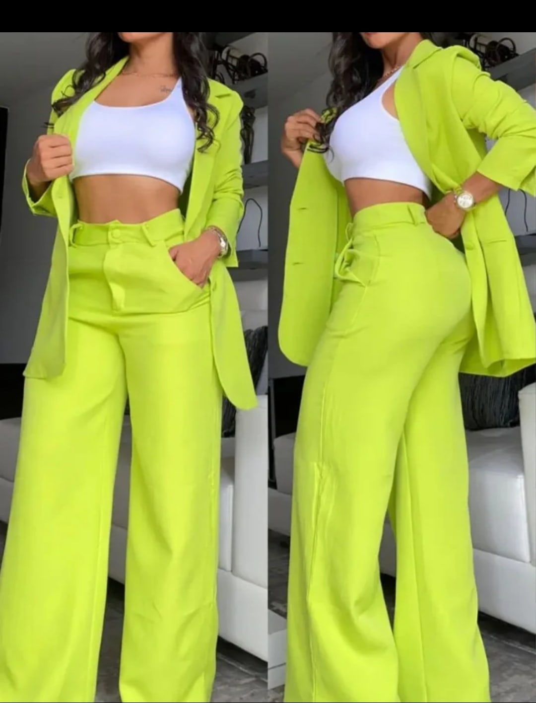 Ensemble 3 pièces rose et blanc - Blazer, crop top, pantalon