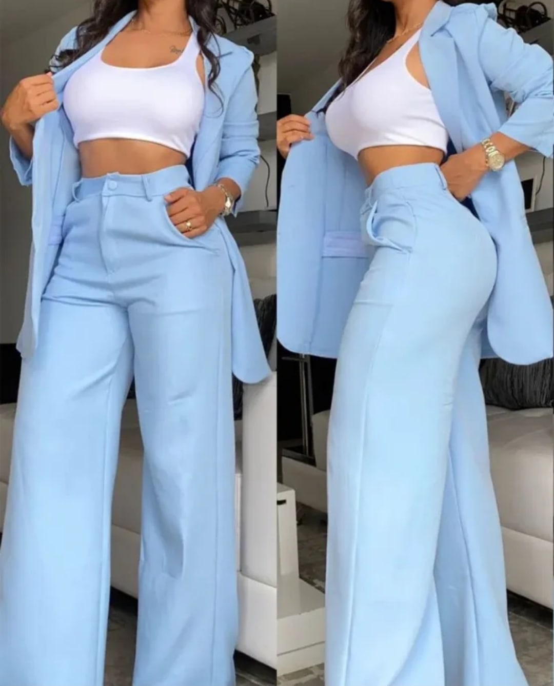 Ensemble 3 pièces rose et blanc - Blazer, crop top, pantalon