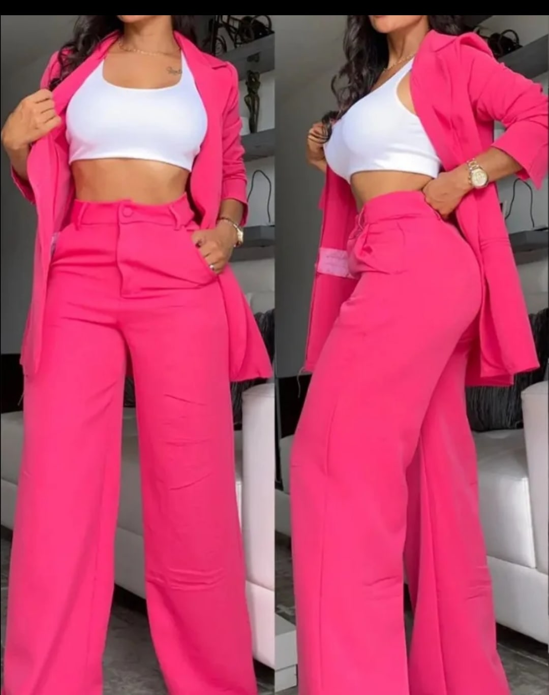 Ensemble 3 pièces rose et blanc - Blazer, crop top, pantalon