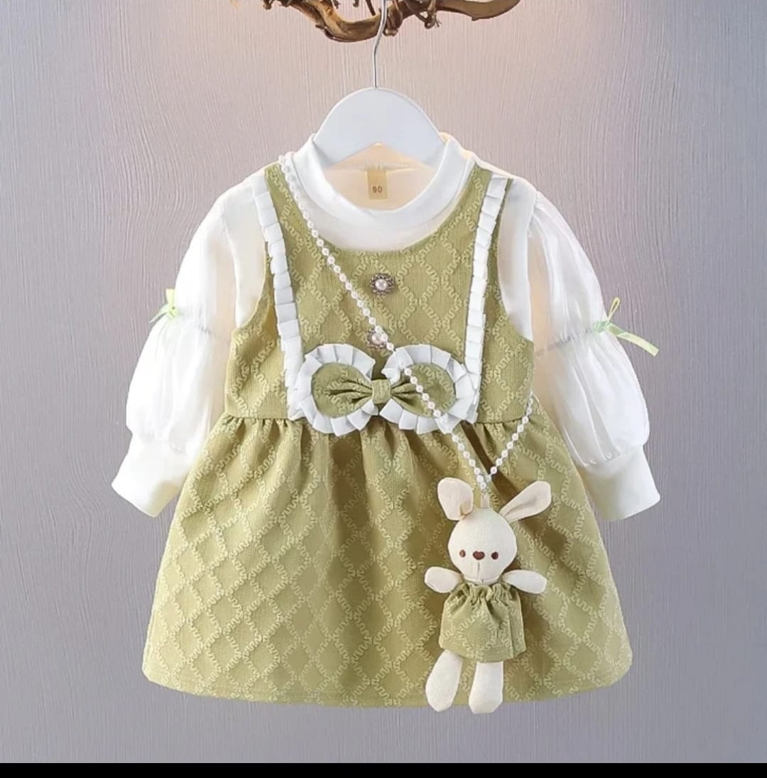 Robe bébé fille vert olive avec nœud et manches bouffantes
