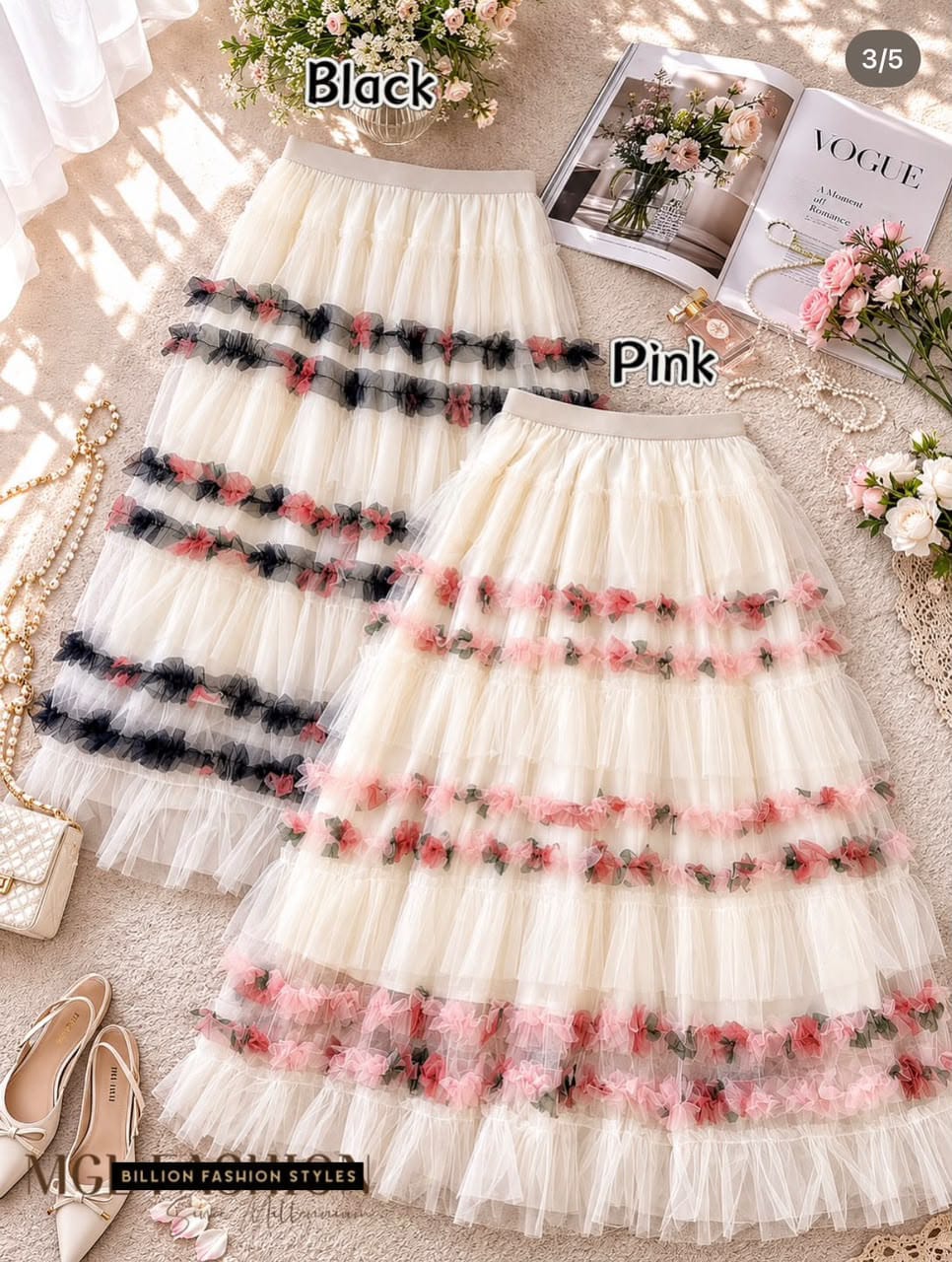 Jupe tulle fleurie multicouche - Rose ou Noir