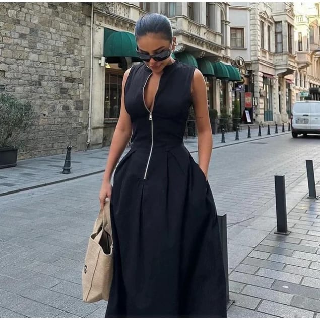 Robe longue élégante col V avec fermeture éclair