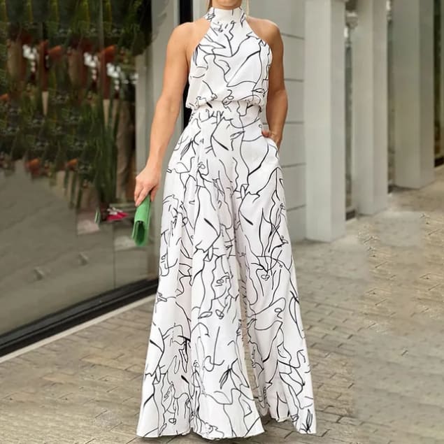 Robe longue élégante col montant motif abstrait