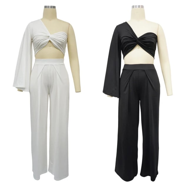 Ensemble 2 pièces crop top & pantalon large élégant - Blanc et Noir