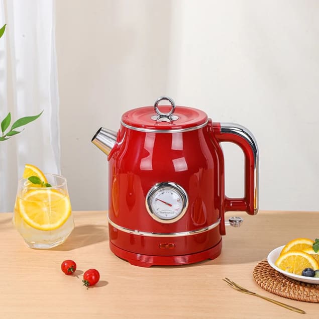 Bouilloire électrique rétro rouge avec thermomètre intégré