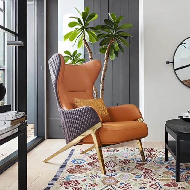 Fauteuil design scandinave orange et gris - Pieds bois