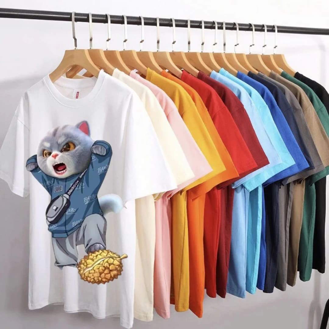 T-shirt unisexe chat gris graphique multicolore