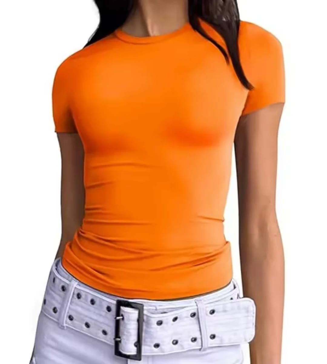 T-shirt femme ajusté à manches courtes - Noir/Bleu/Orange