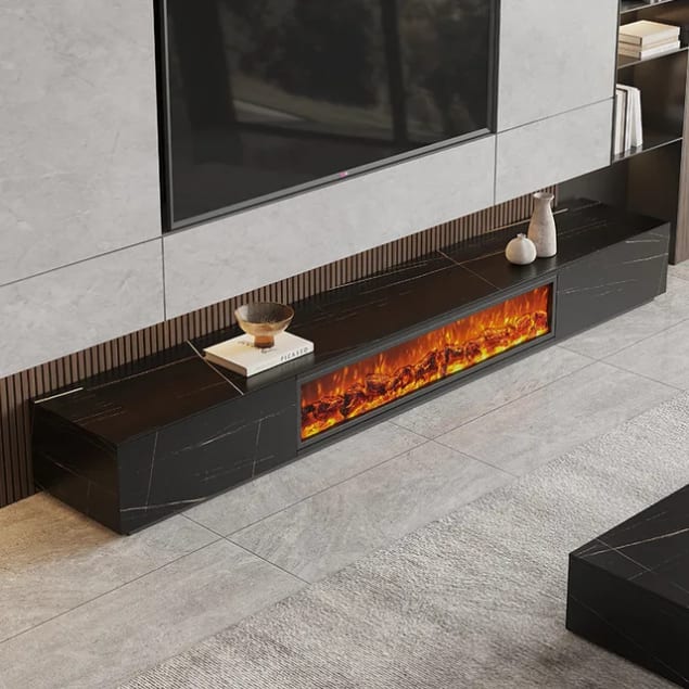 Meuble TV avec foyer électrique - Design moderne blanc et noir