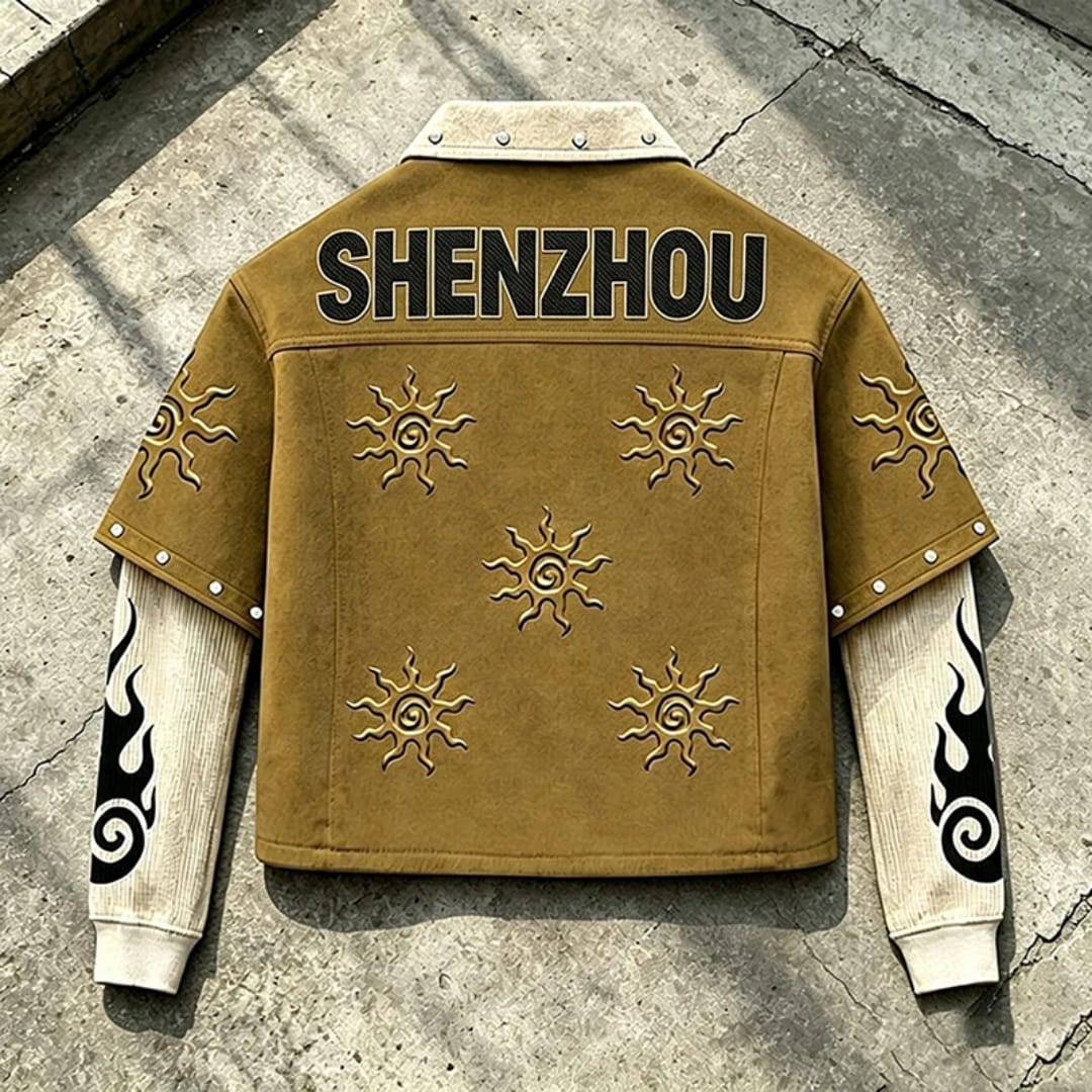 Veste Shenzhou Style Anime Marron/Beige - Design Unique avec Soleil Brodé