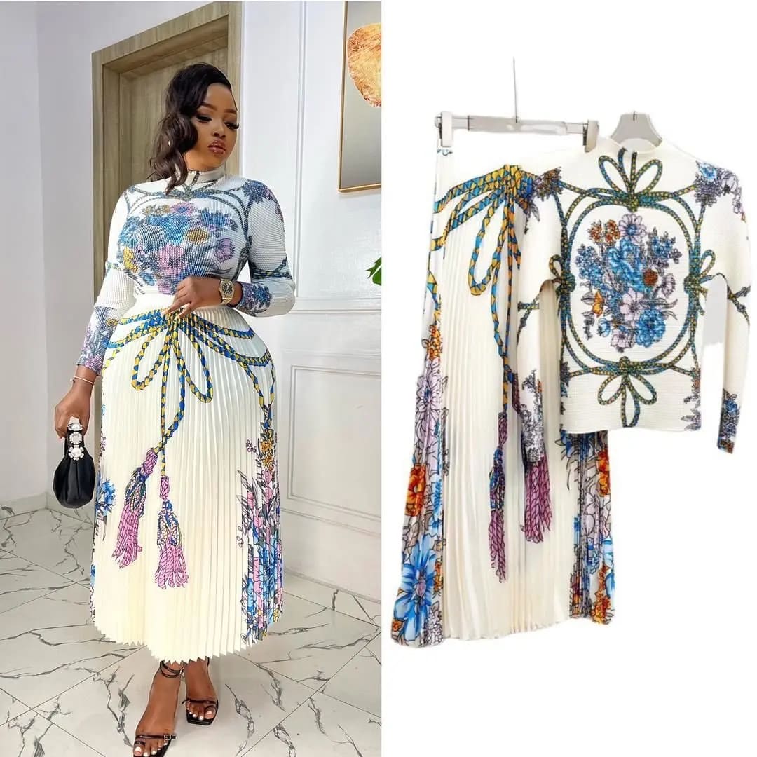 Ensemble 2 pièces femme - Top crop + Jupe plissée motif floral baroque
