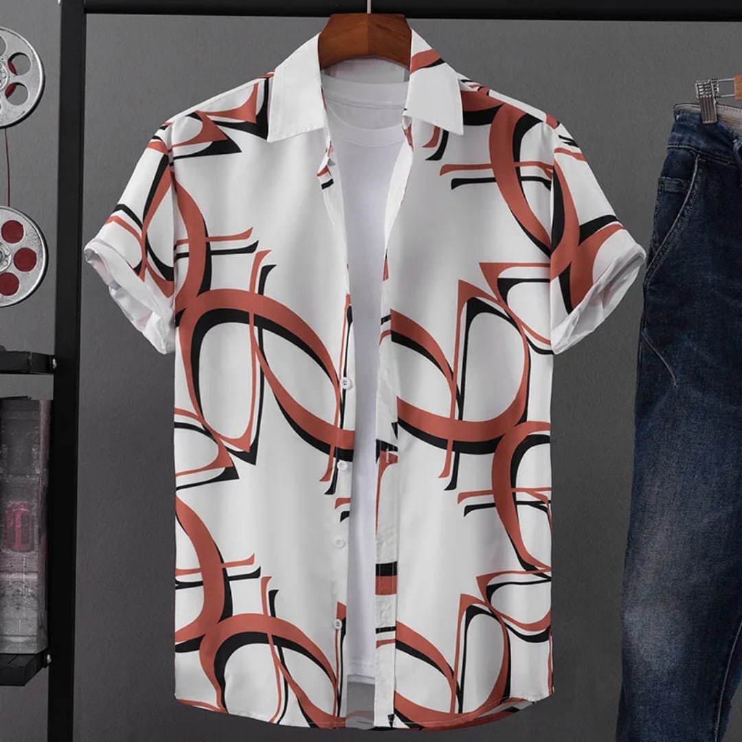 Chemise homme motif géométrique blanc/camel/noir