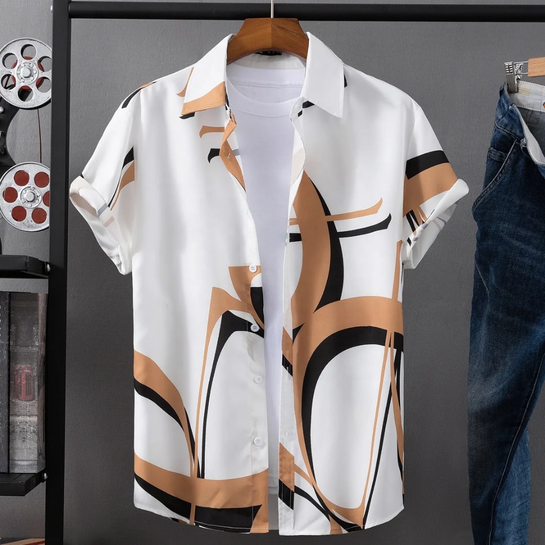 Chemise homme motif géométrique blanc/camel/noir