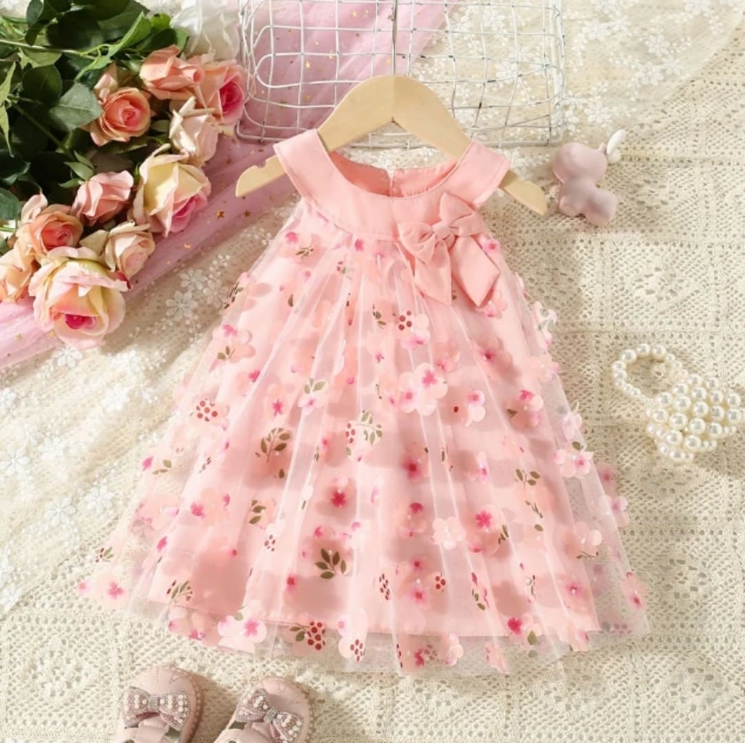 Robe enfant imprimé floral avec nœud - Jaune, Rose ou Bleu