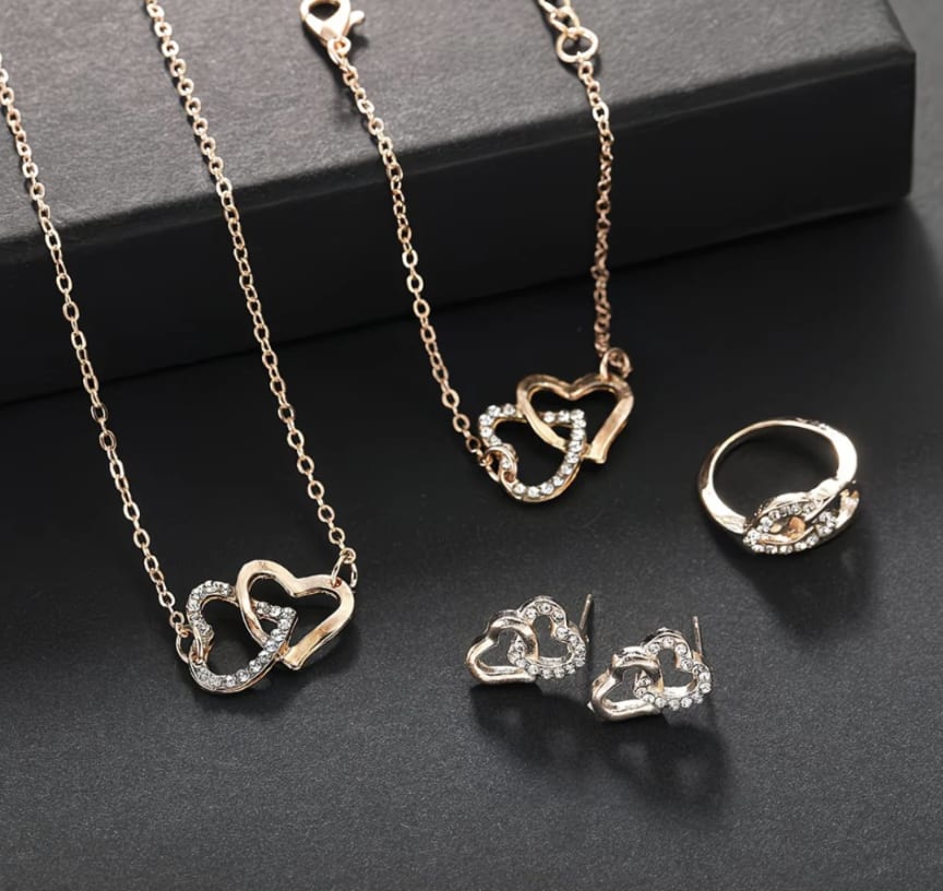 Parure bijoux cœur strass - Collier + Boucles + Bague