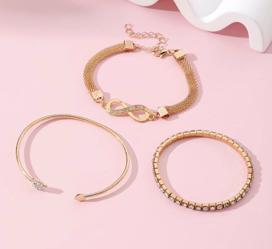 Ensemble 3 bracelets dorés femme - Strass et maille
