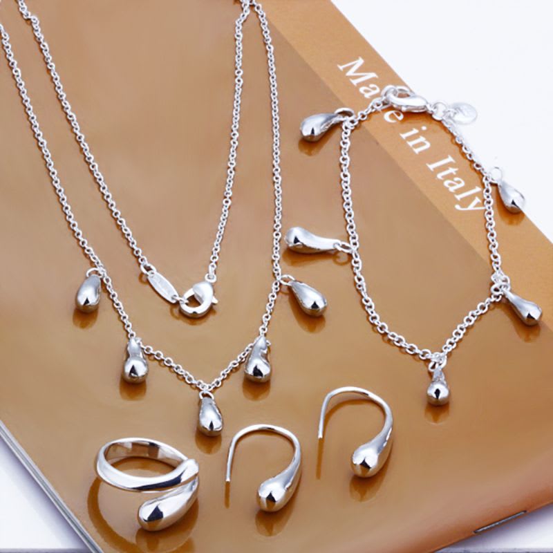 Parure bijoux argent gouttes - Colliers, bague et boucles d'oreilles