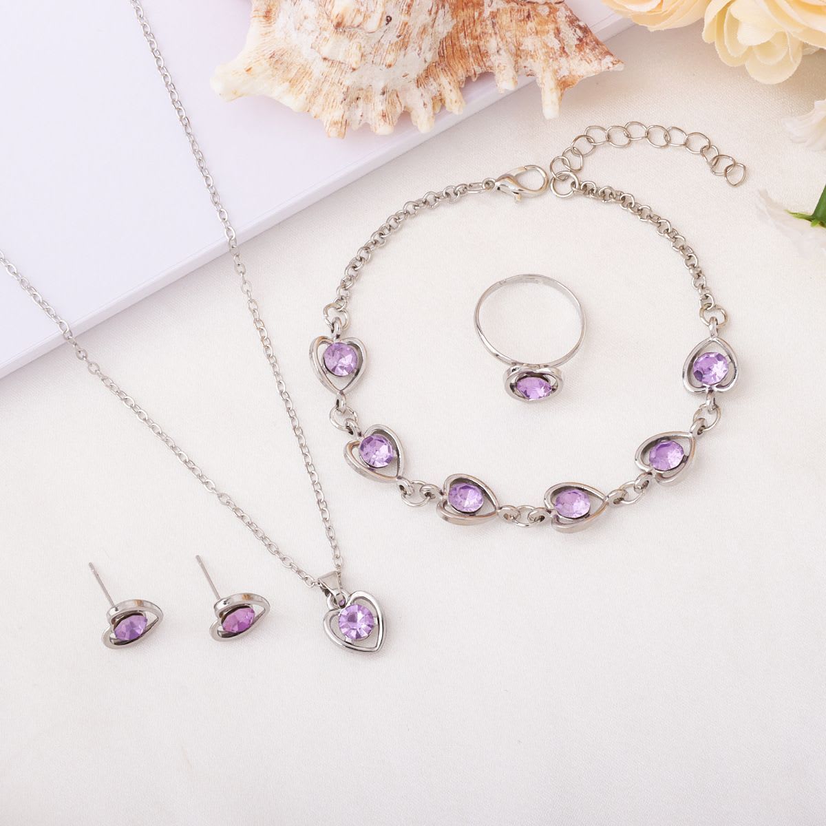 Parure bijoux cœur pierre précieuse - Collier, bracelet, boucles d'oreilles et bague