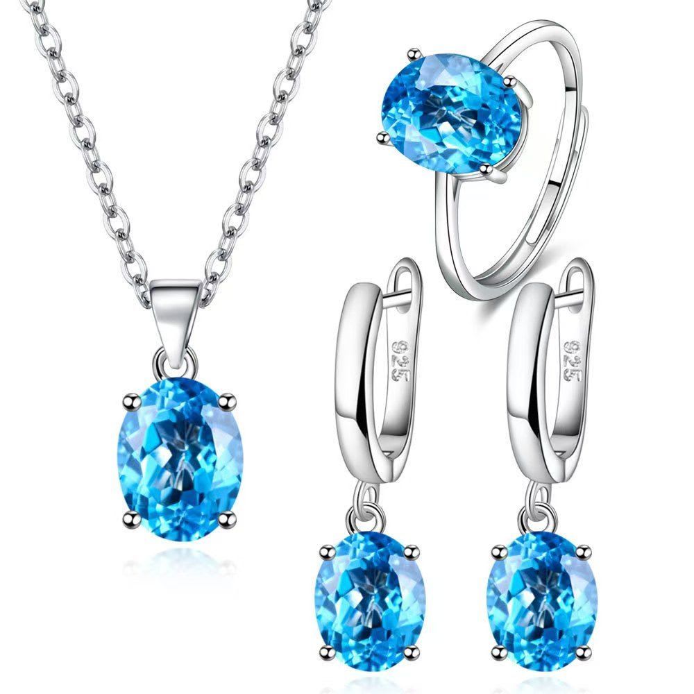 Ensemble bijoux parure argentée pierre précieuse - Collier boucles d'oreilles bague