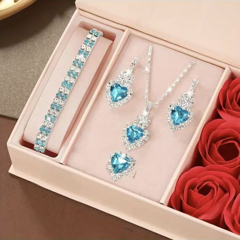 Parure bijoux cristal bleu cœur - Boucles, collier, bracelet, bague