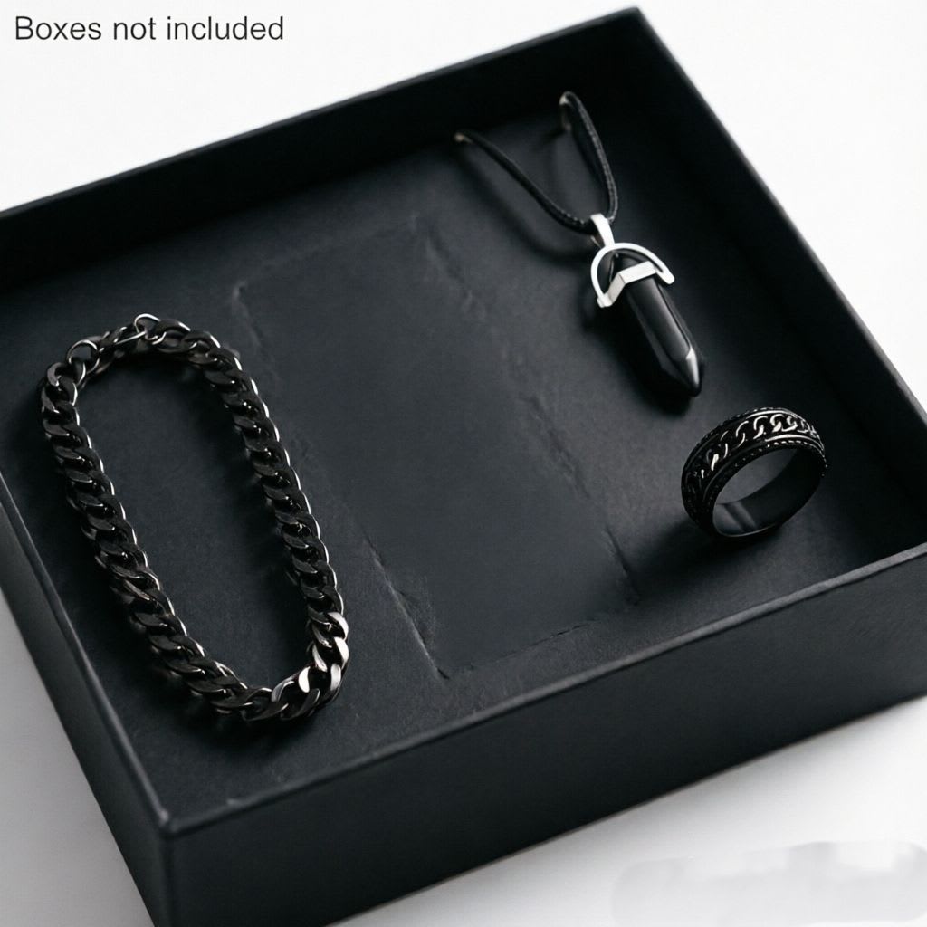 Coffret Montre Homme Noire + Bracelet Chaîne + Pendentif + Bague