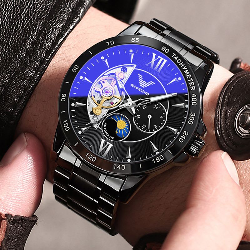 Montre Automatique Baozishe - Cadran Bleu Tourbillon Lune