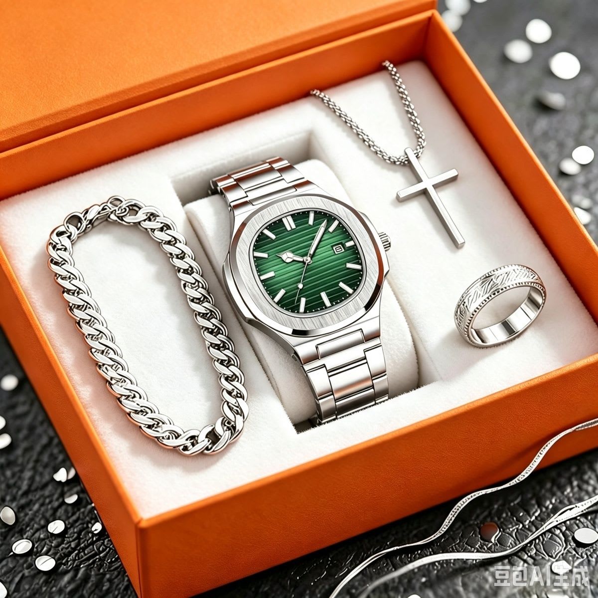 Coffret montre homme avec bracelet, chaîne et croix - Acier inoxydable