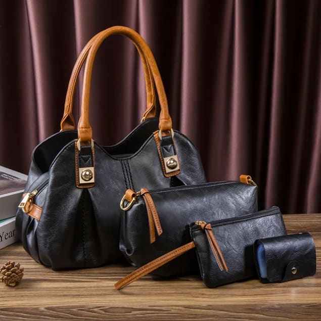 Ensemble de sacs à main 4 pièces - Cuir véritable noir, camel ou vert