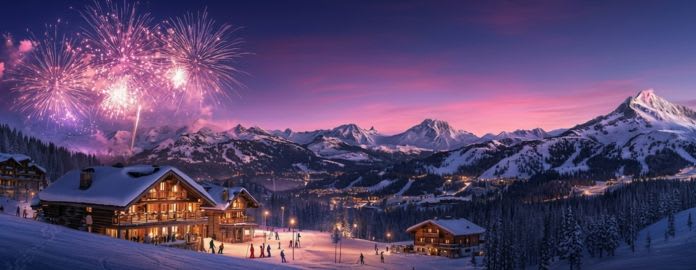 village de ski alpin sous un ciel crépusculaire violet, avec un grand feu d'artifice rose-violet au-dessus des chalets en bois éclairé - Vacances Bleues